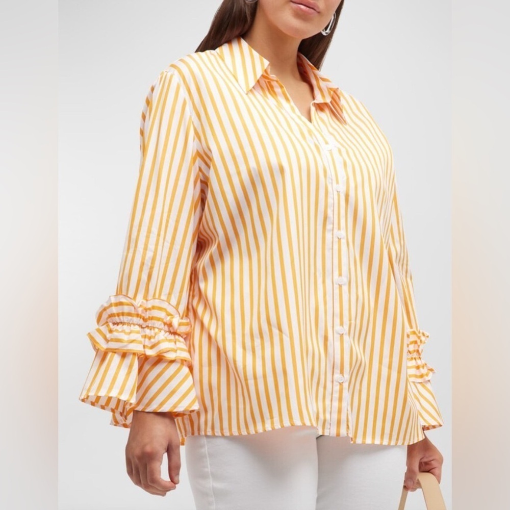 Harshman Selina Cotton Button Front Ruffle-Trim Top Women’s XS Striped Marigold - Picture 2 of 13